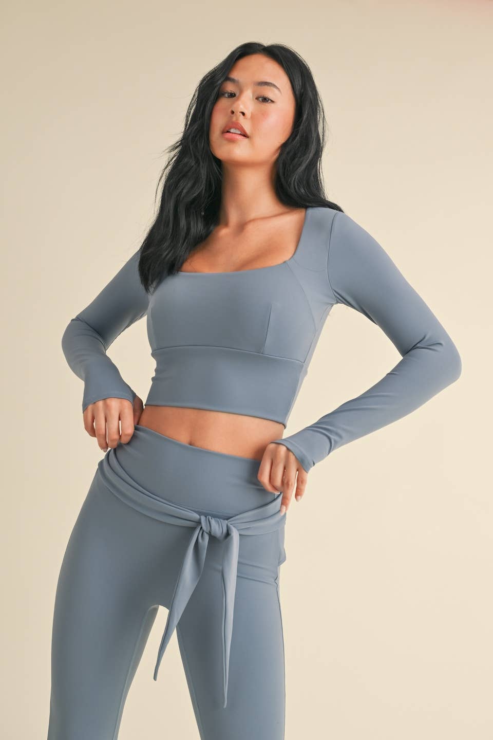 Balletcore Long Sleeve Square Neck Top and Tie Waist Legging: Dusty Blue