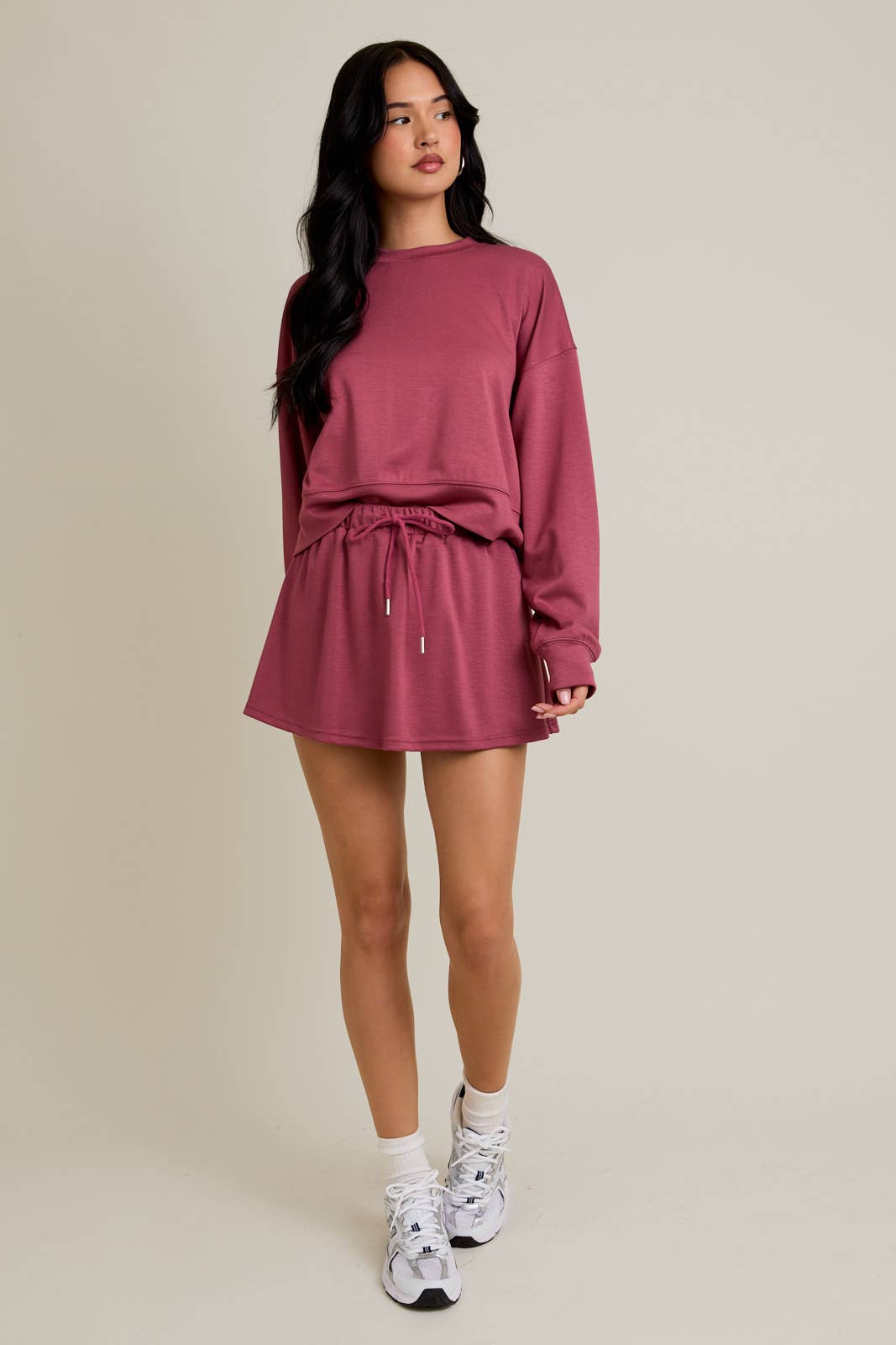 ROUND NECK SWEATSHIRT WITH FLARE SKORT: DUSTY ROSE SET