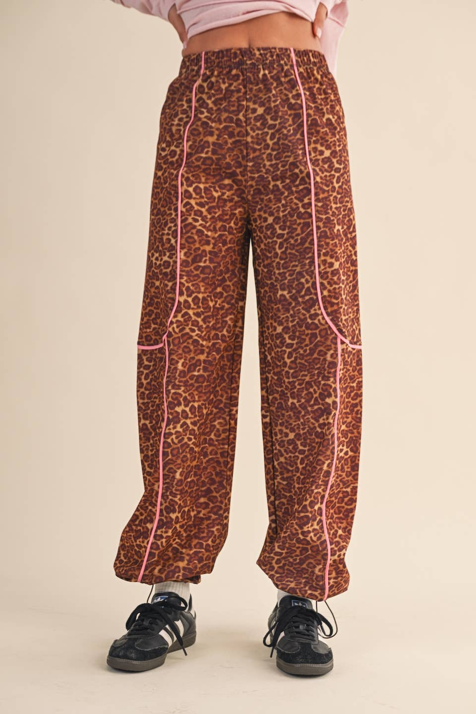 Leopard Print Nylon Track Pants with Contrast Piping: Leopard