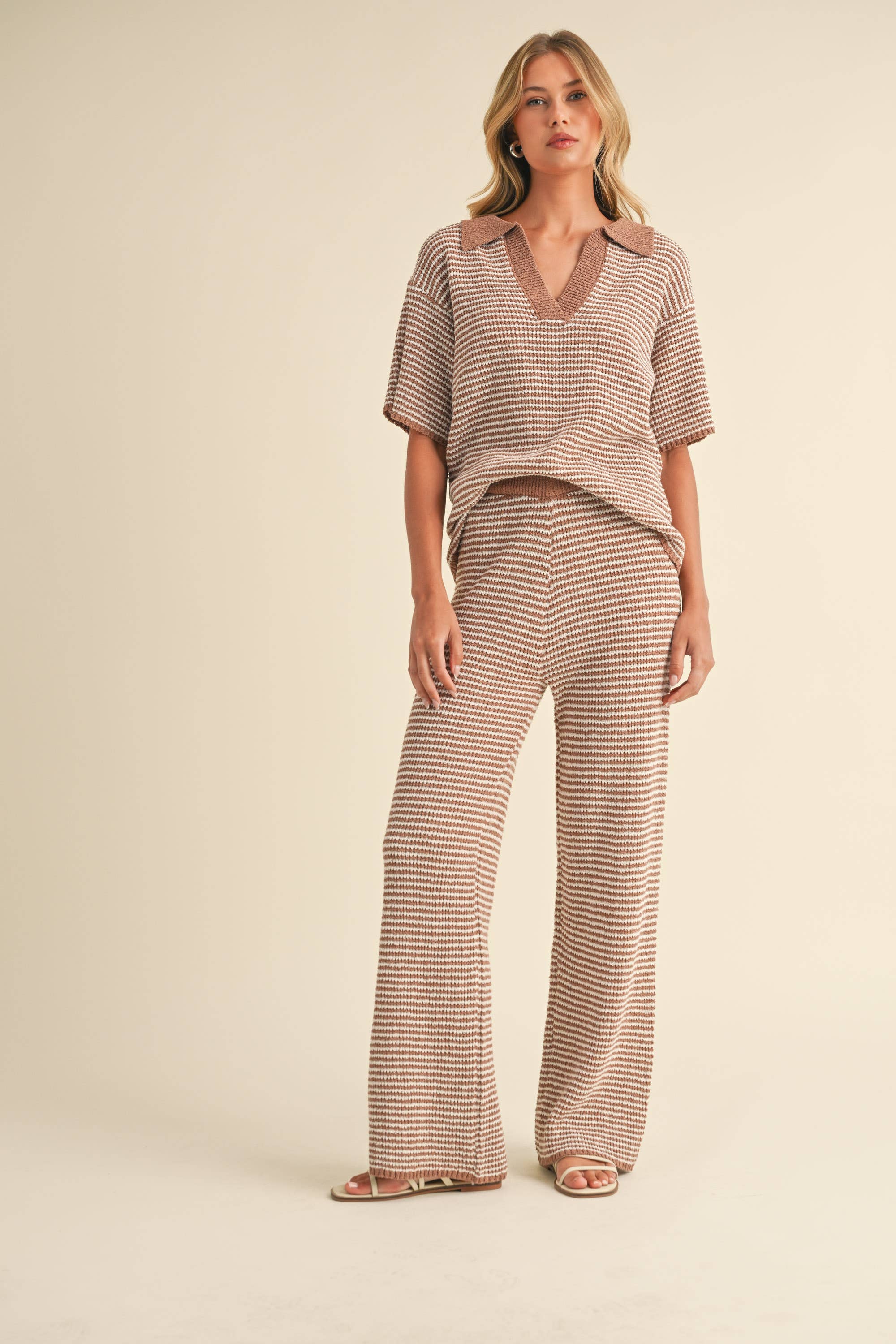 SHORT SLEEVE SWEATER TOP AND PANTS SET: MOCHA CREAM