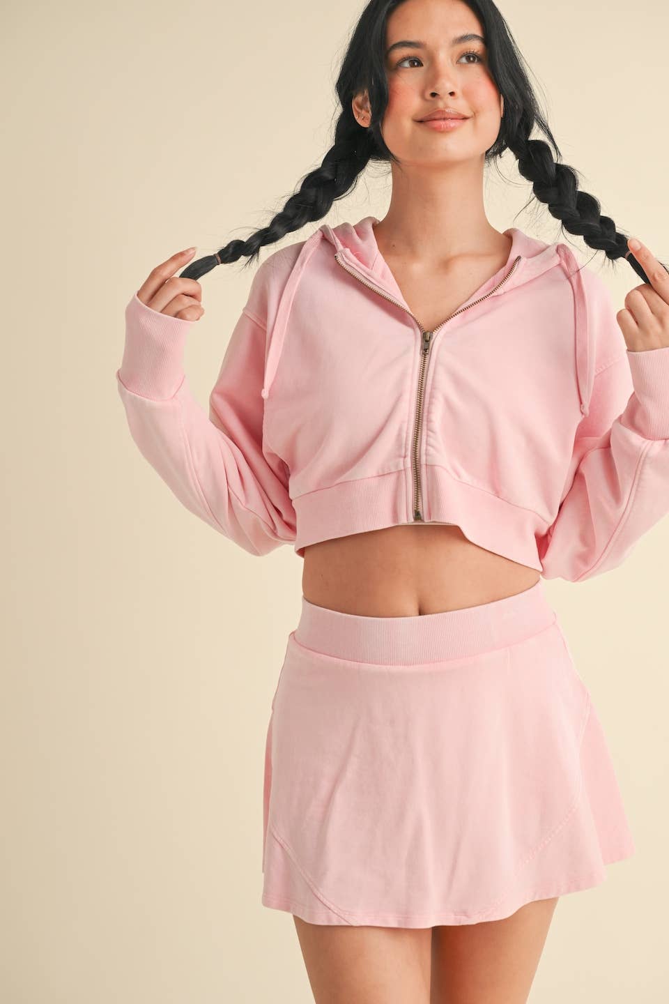 Mineral Wash Oversized Crop Hoodie: Baby Pink