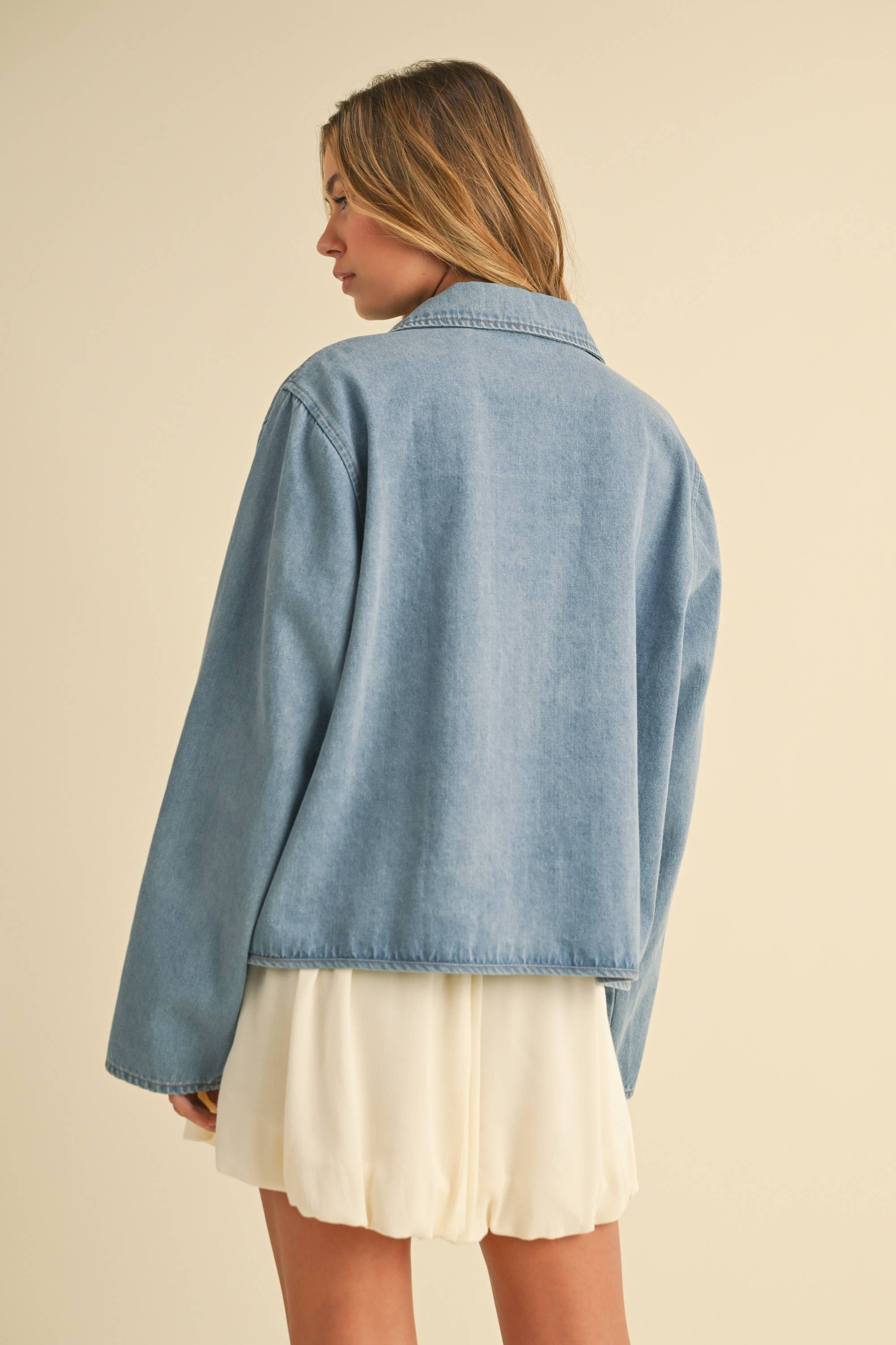DENIM FRONT TIE LONG SLEEVE JACKET: DENIM