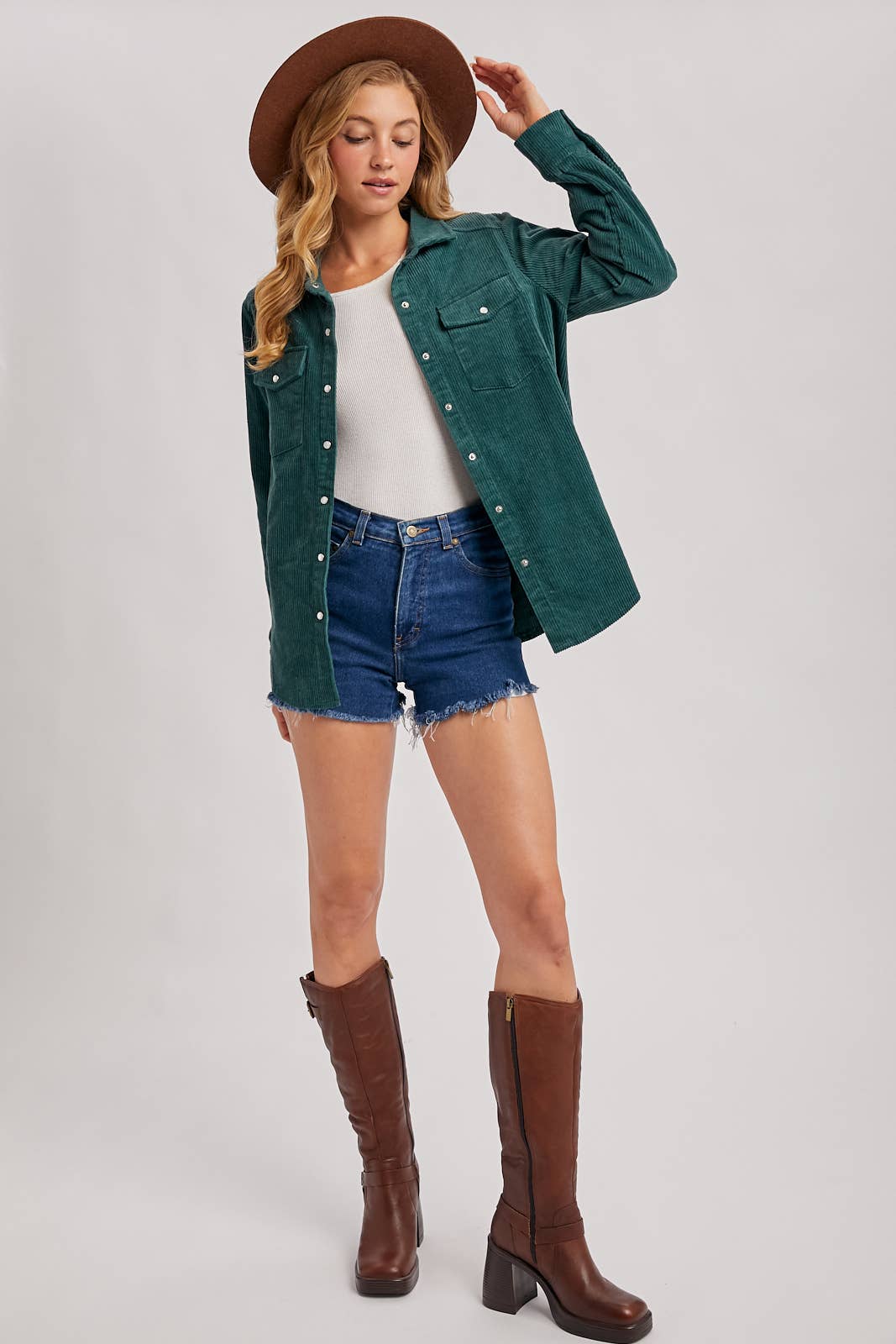 CORDUROY BUTTON DOWN SHACKET WITH POCKETS: PEACOCK