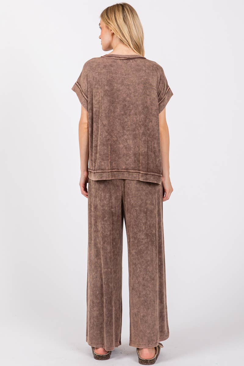 MINERAL WASHED TOP AND PANTS RIB SETS: BROWN