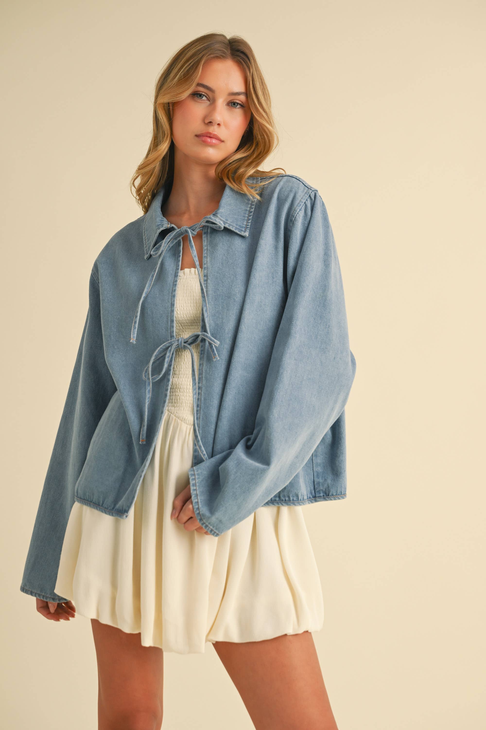 DENIM FRONT TIE LONG SLEEVE JACKET: DENIM