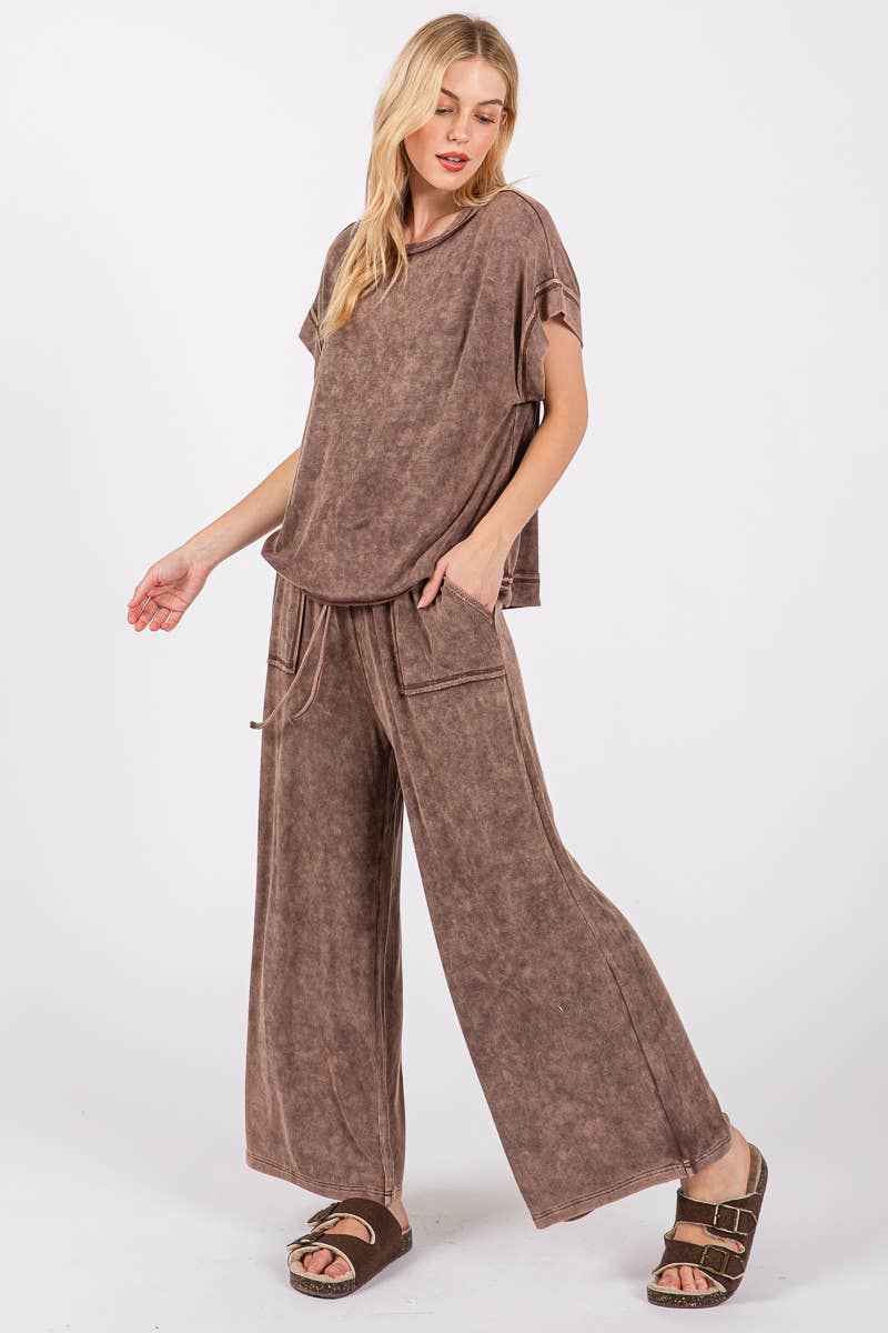 MINERAL WASHED TOP AND PANTS RIB SETS: BROWN