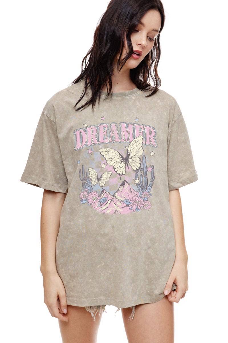 Dreamer Butterfly Vintage Graphic S/S Boyfriend Fit Tee: MOCHA