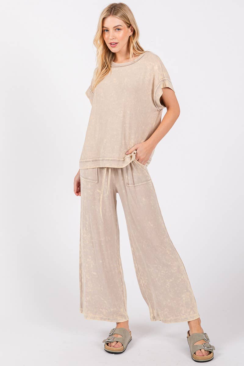 MINERAL WASHED TOP AND PANTS RIB SETS: TAUPE