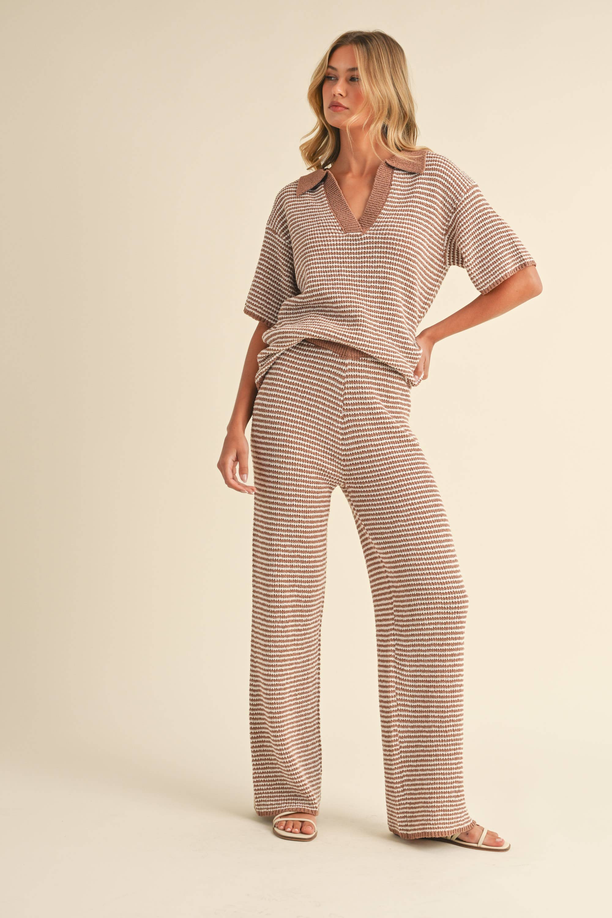 SHORT SLEEVE SWEATER TOP AND PANTS SET: MOCHA CREAM