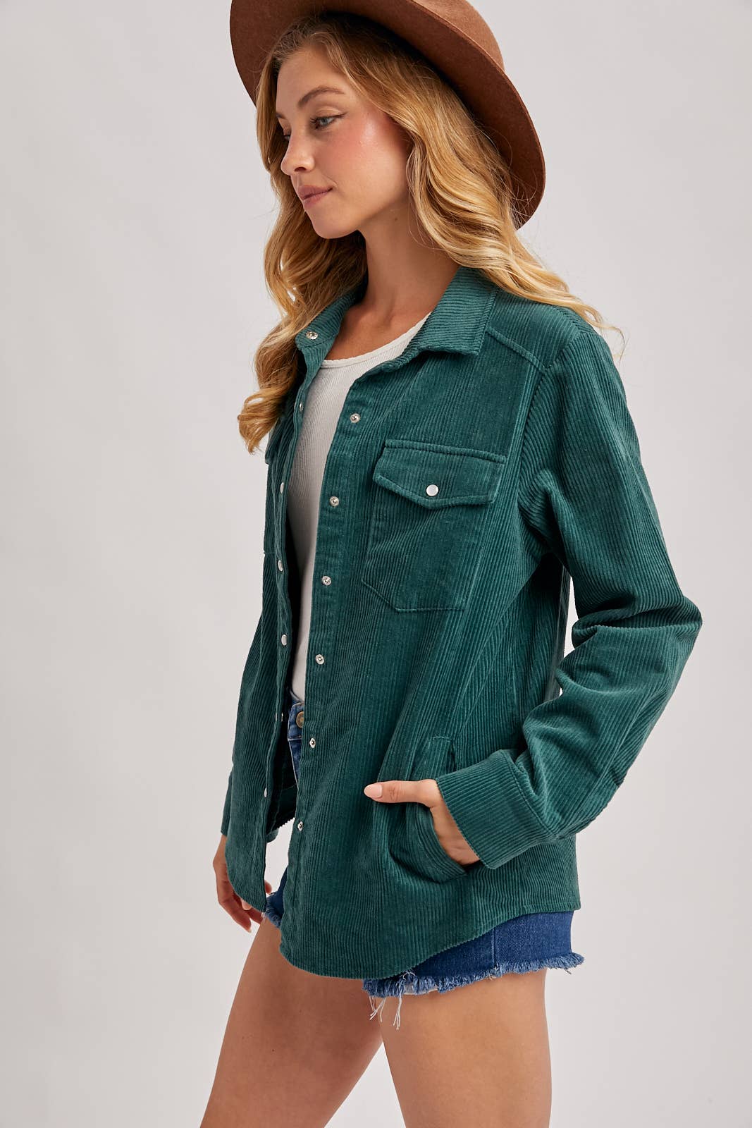 CORDUROY BUTTON DOWN SHACKET WITH POCKETS: PEACOCK