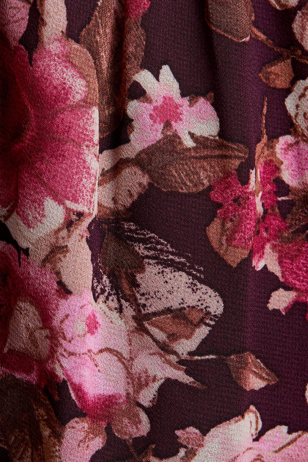 LONG SLEEVE FLORAL MINI DRESS: DK BROWN-PINK FLORAL