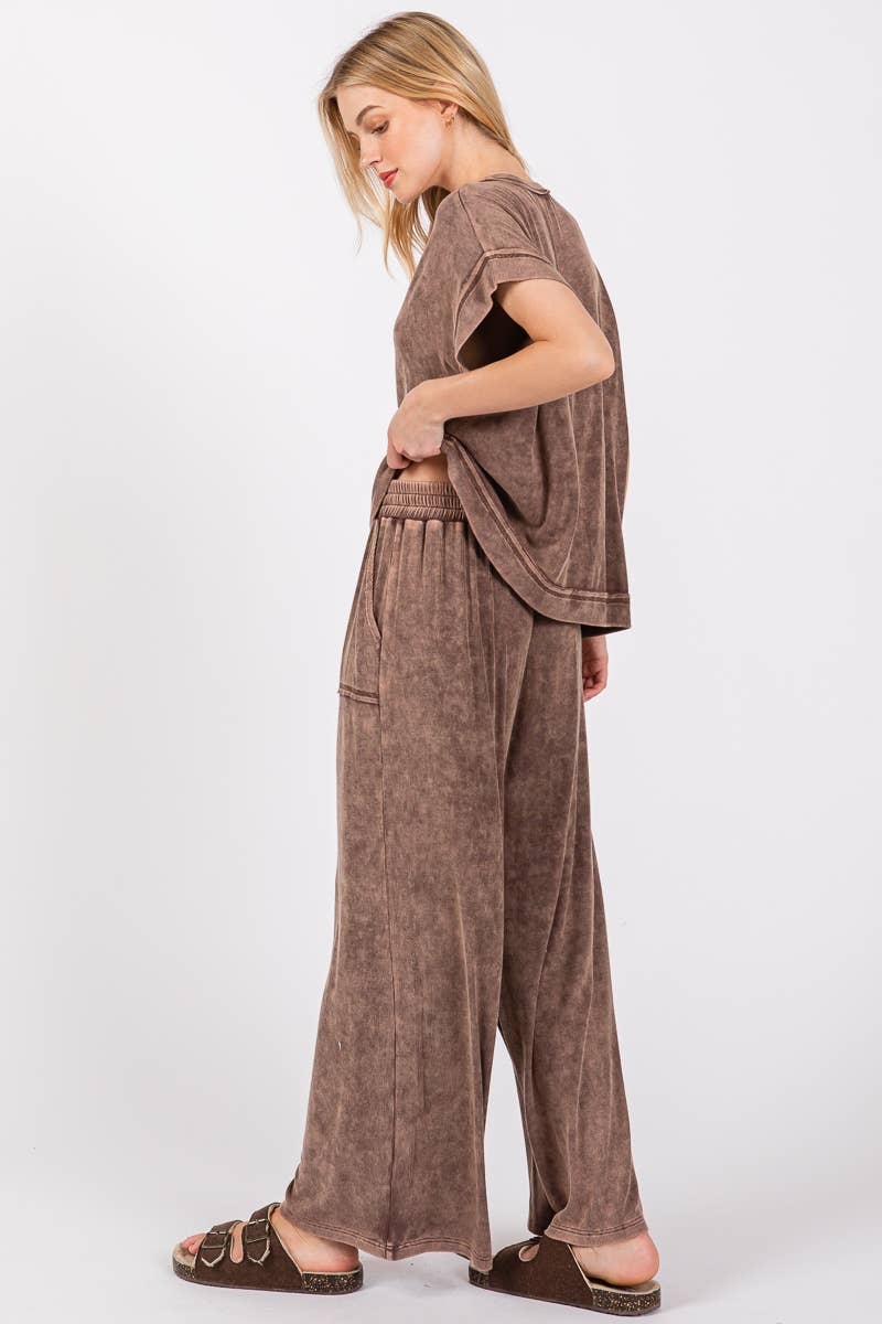 MINERAL WASHED TOP AND PANTS RIB SETS: BROWN