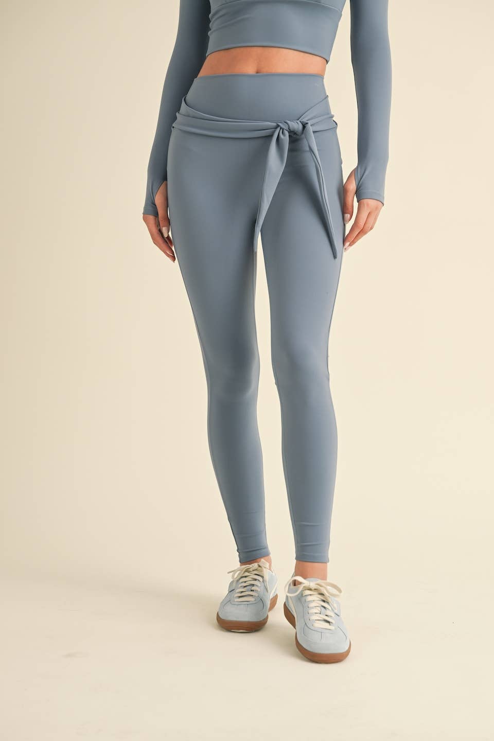 Balletcore Long Sleeve Square Neck Top and Tie Waist Legging: Dusty Blue