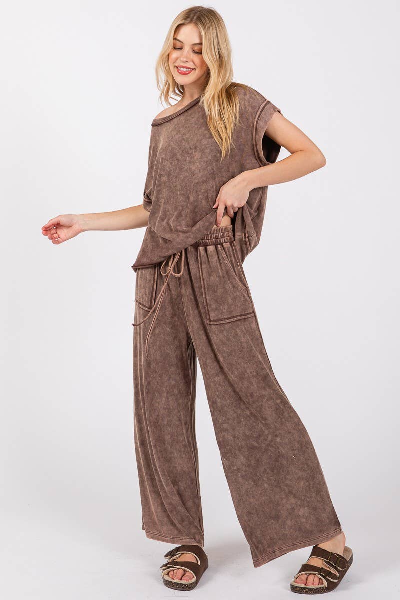 MINERAL WASHED TOP AND PANTS RIB SETS: BROWN