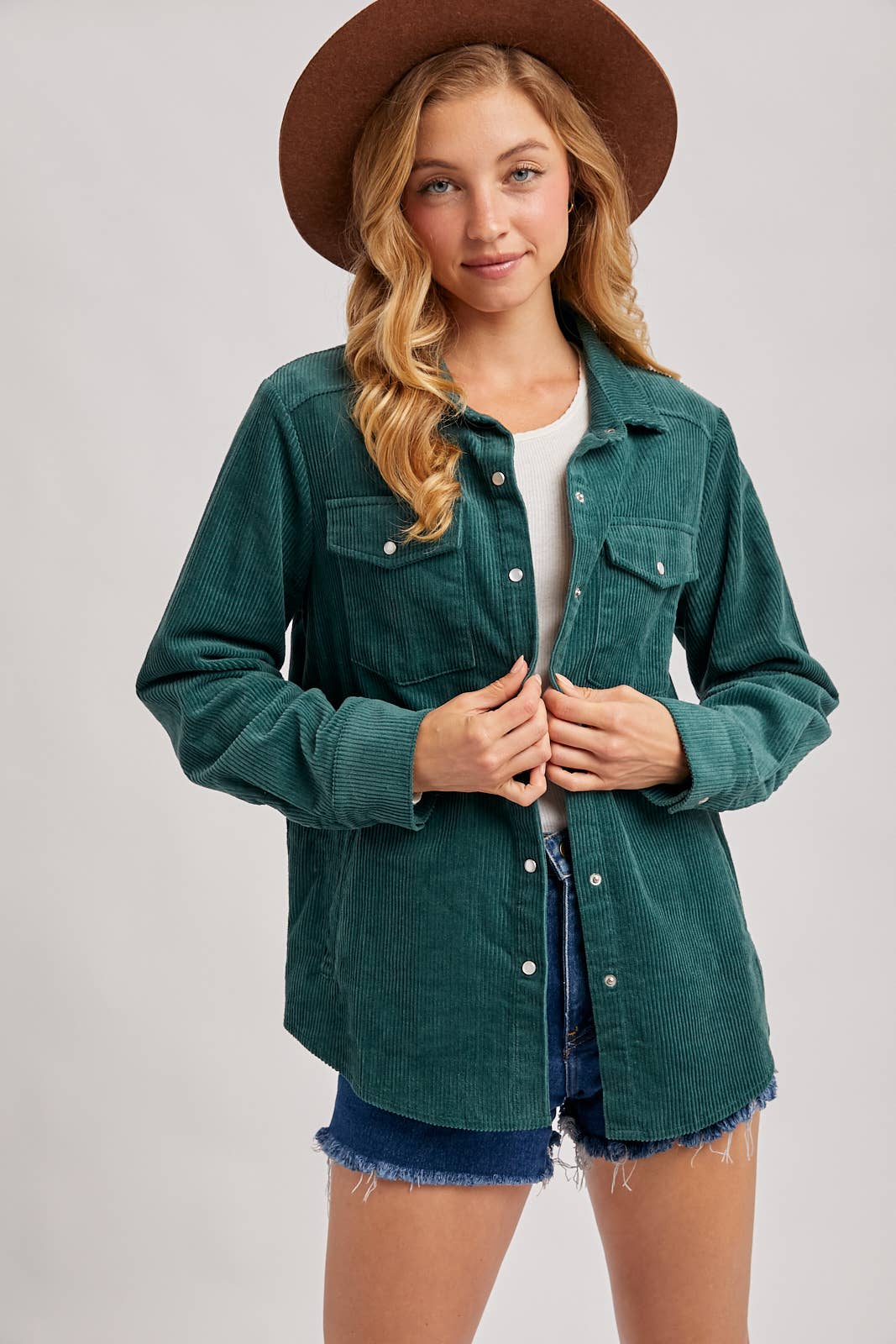 CORDUROY BUTTON DOWN SHACKET WITH POCKETS: PEACOCK