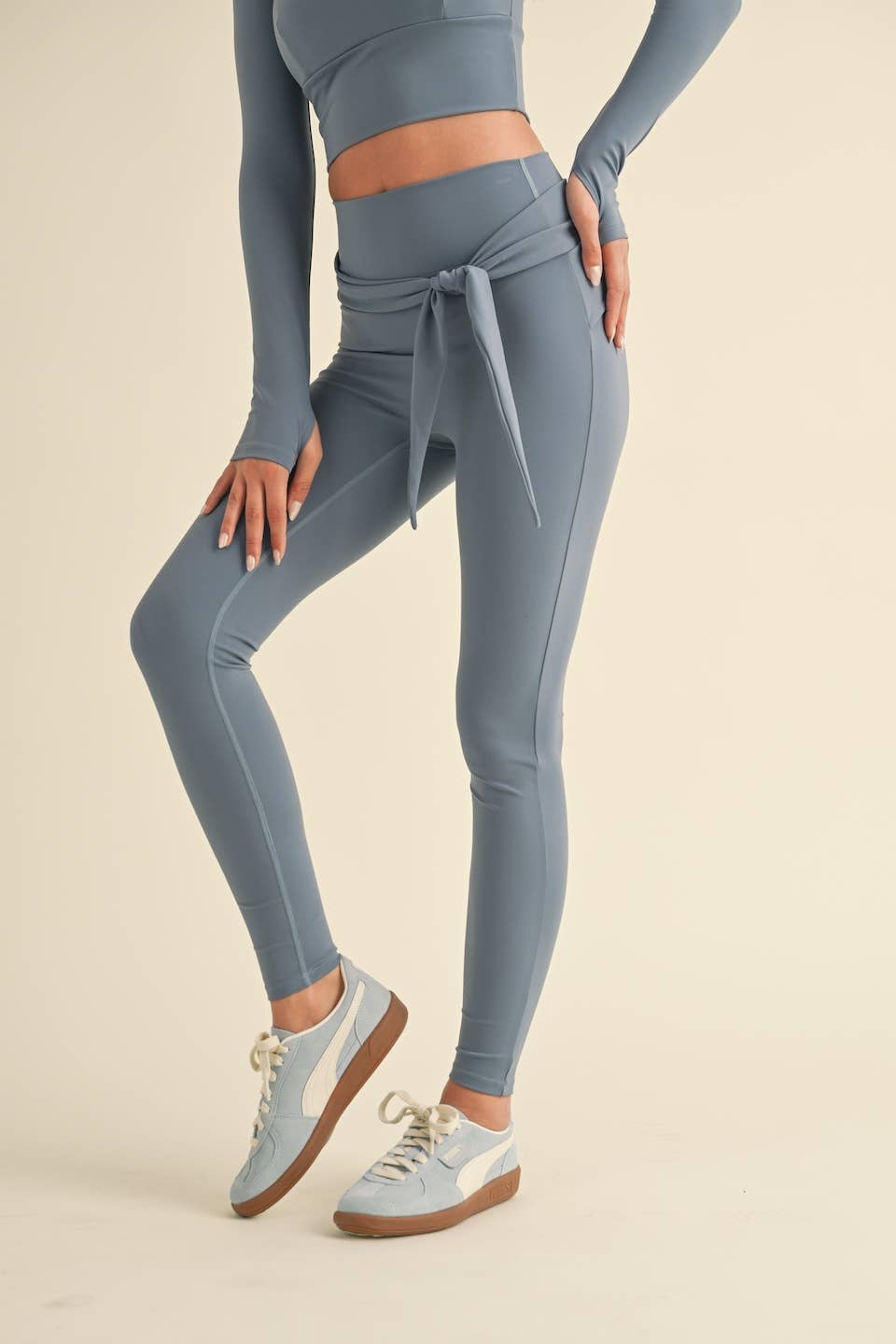 Balletcore Long Sleeve Square Neck Top and Tie Waist Legging: Dusty Blue