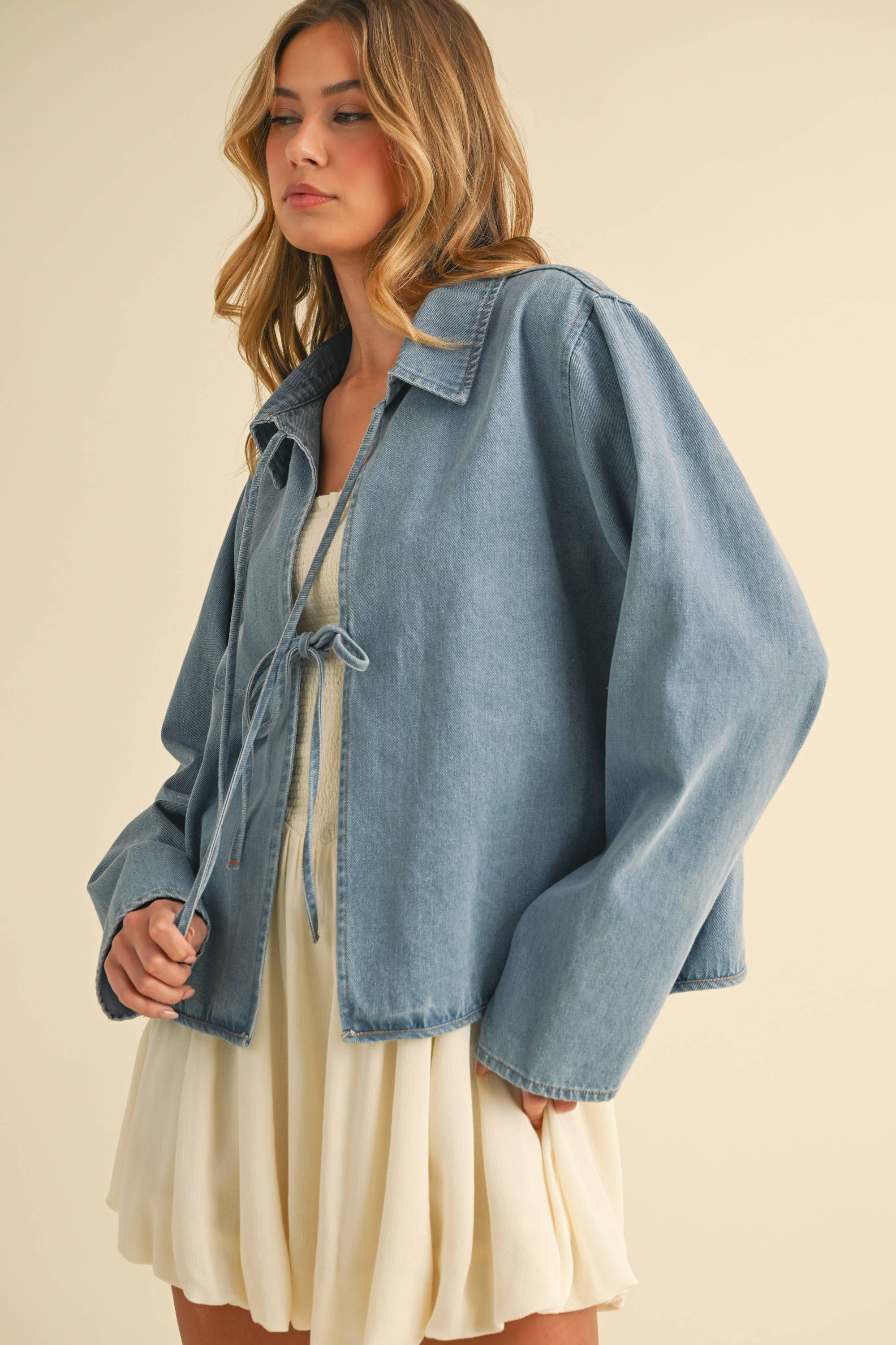 DENIM FRONT TIE LONG SLEEVE JACKET: DENIM