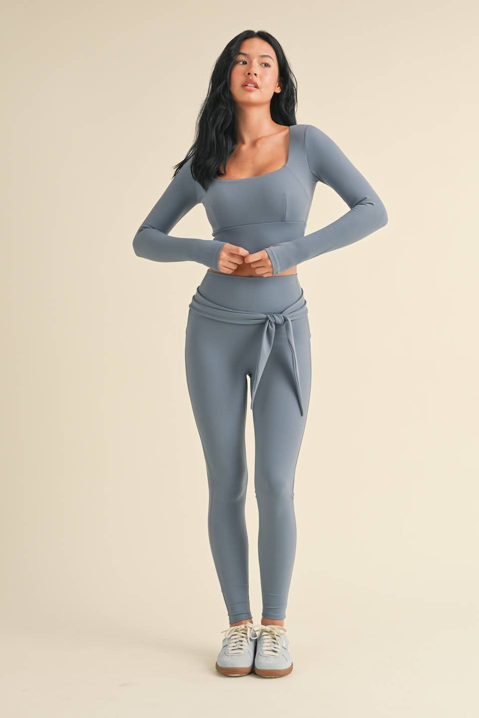 Balletcore Long Sleeve Square Neck Top and Tie Waist Legging: Dusty Blue
