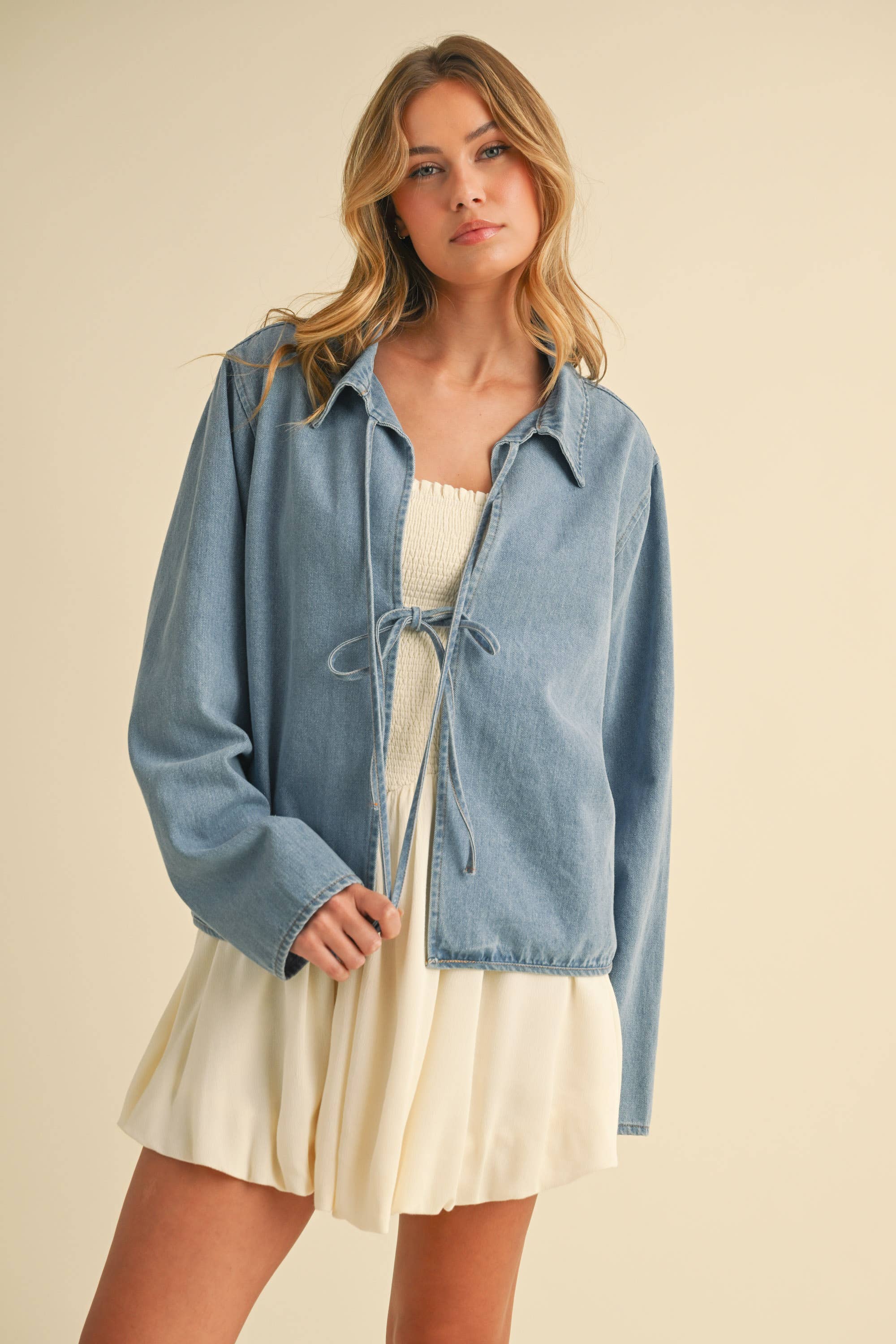 DENIM FRONT TIE LONG SLEEVE JACKET: DENIM