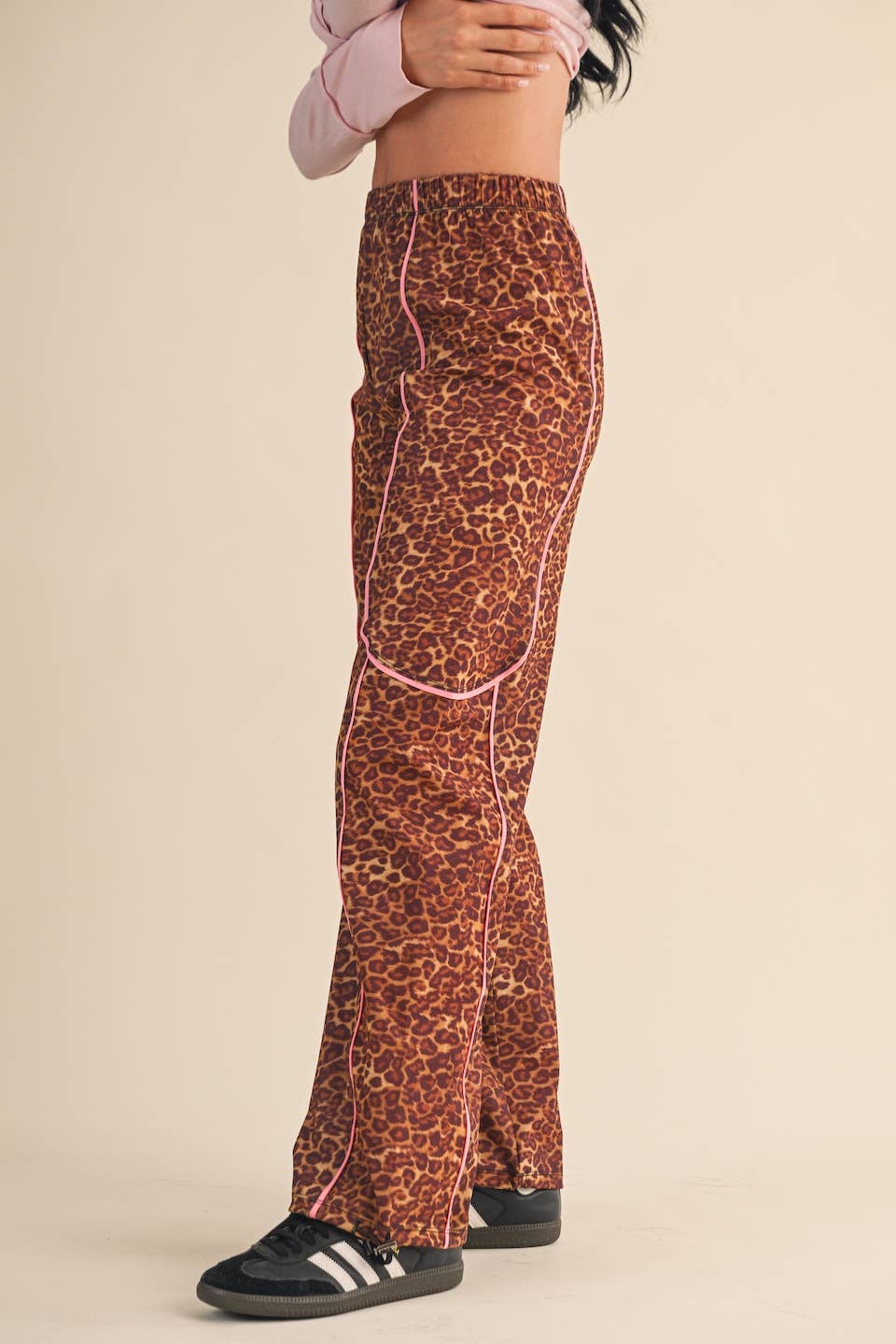 Leopard Print Nylon Track Pants with Contrast Piping: Leopard