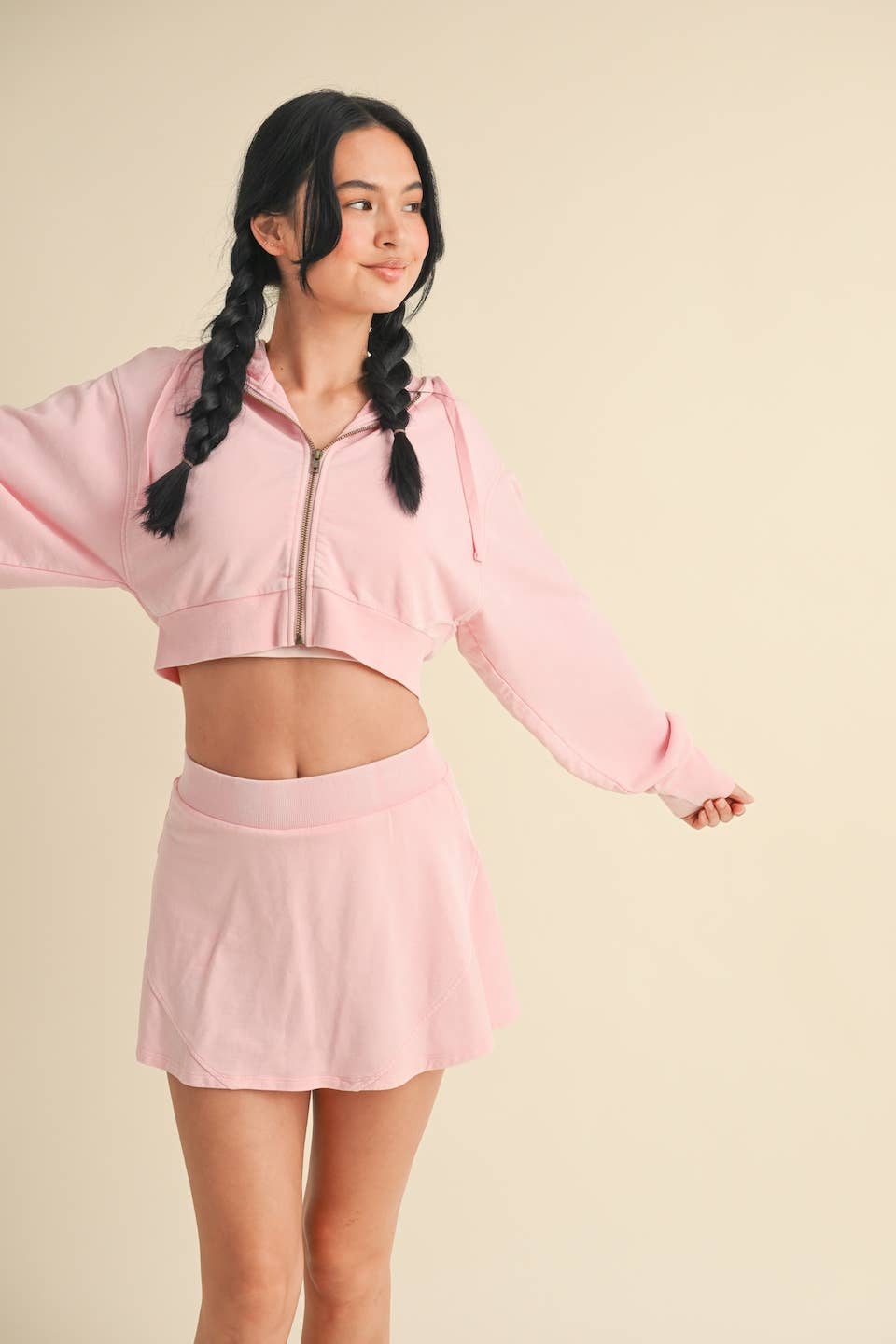Mineral Wash Oversized Crop Hoodie: Baby Pink