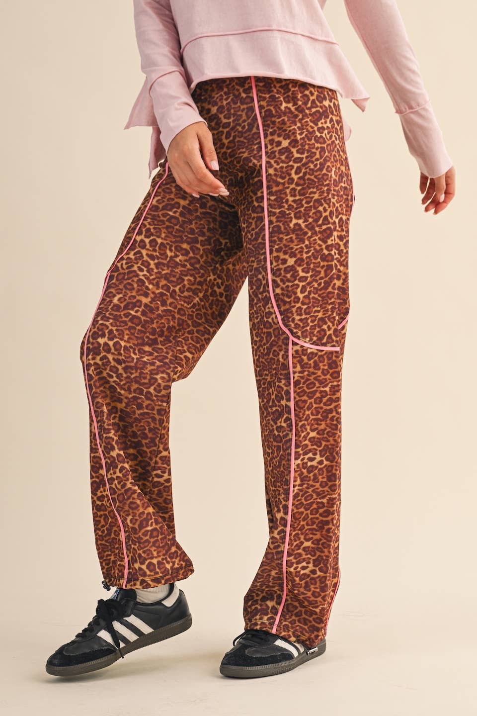 Leopard Print Nylon Track Pants with Contrast Piping: Leopard