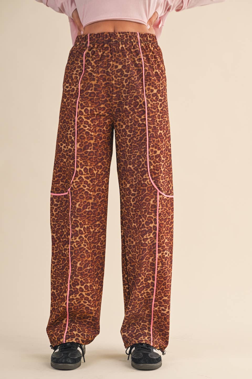 Leopard Print Nylon Track Pants with Contrast Piping: Leopard