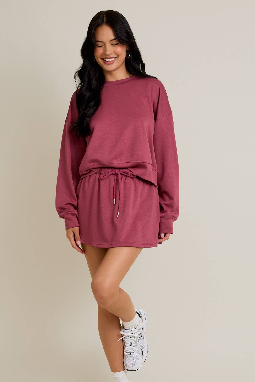ROUND NECK SWEATSHIRT WITH FLARE SKORT: DUSTY ROSE SET