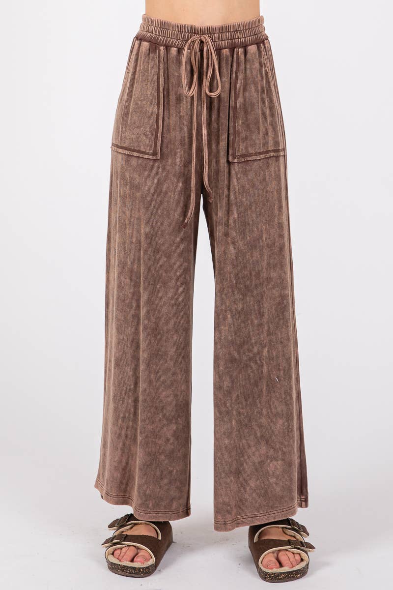 MINERAL WASHED TOP AND PANTS RIB SETS: BROWN