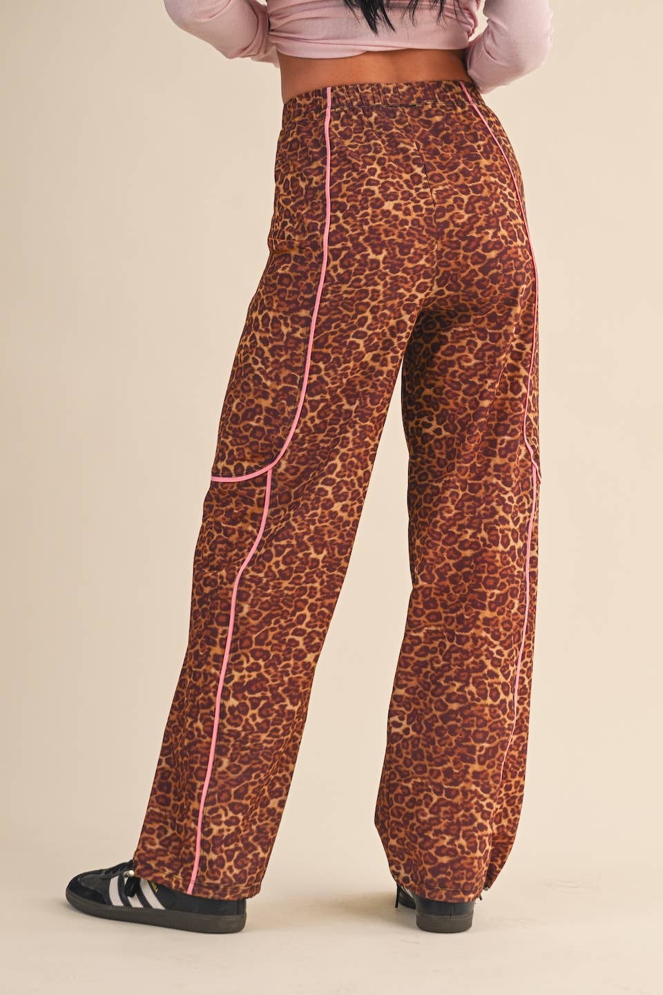 Leopard Print Nylon Track Pants with Contrast Piping: Leopard