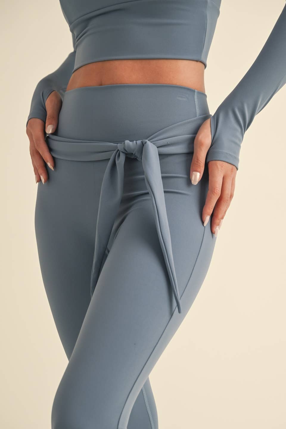 Balletcore Long Sleeve Square Neck Top and Tie Waist Legging: Dusty Blue