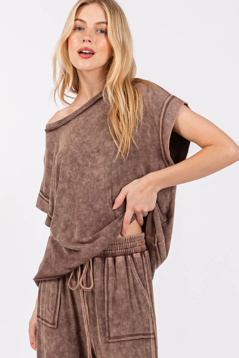 MINERAL WASHED TOP AND PANTS RIB SETS: BROWN