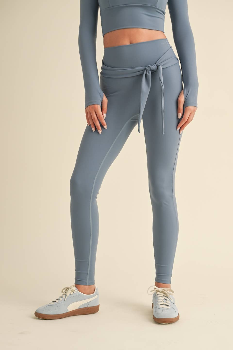 Balletcore Long Sleeve Square Neck Top and Tie Waist Legging: Dusty Blue