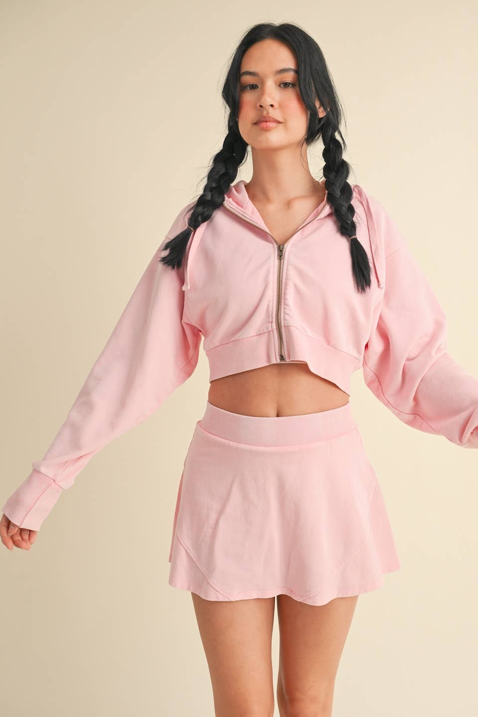 Mineral Wash Oversized Crop Hoodie: Baby Pink