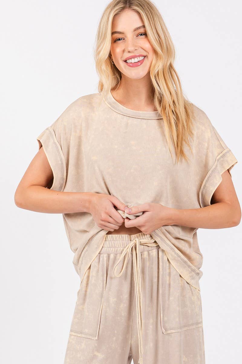 MINERAL WASHED TOP AND PANTS RIB SETS: TAUPE