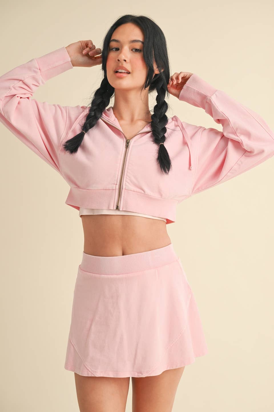 Mineral Wash Oversized Crop Hoodie: Baby Pink