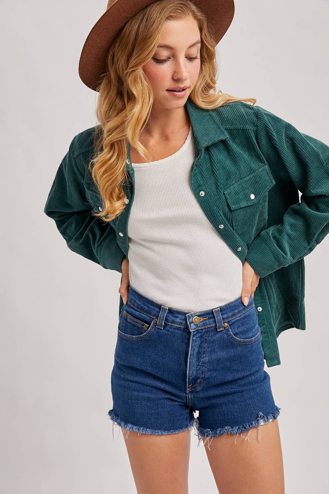 CORDUROY BUTTON DOWN SHACKET WITH POCKETS: PEACOCK