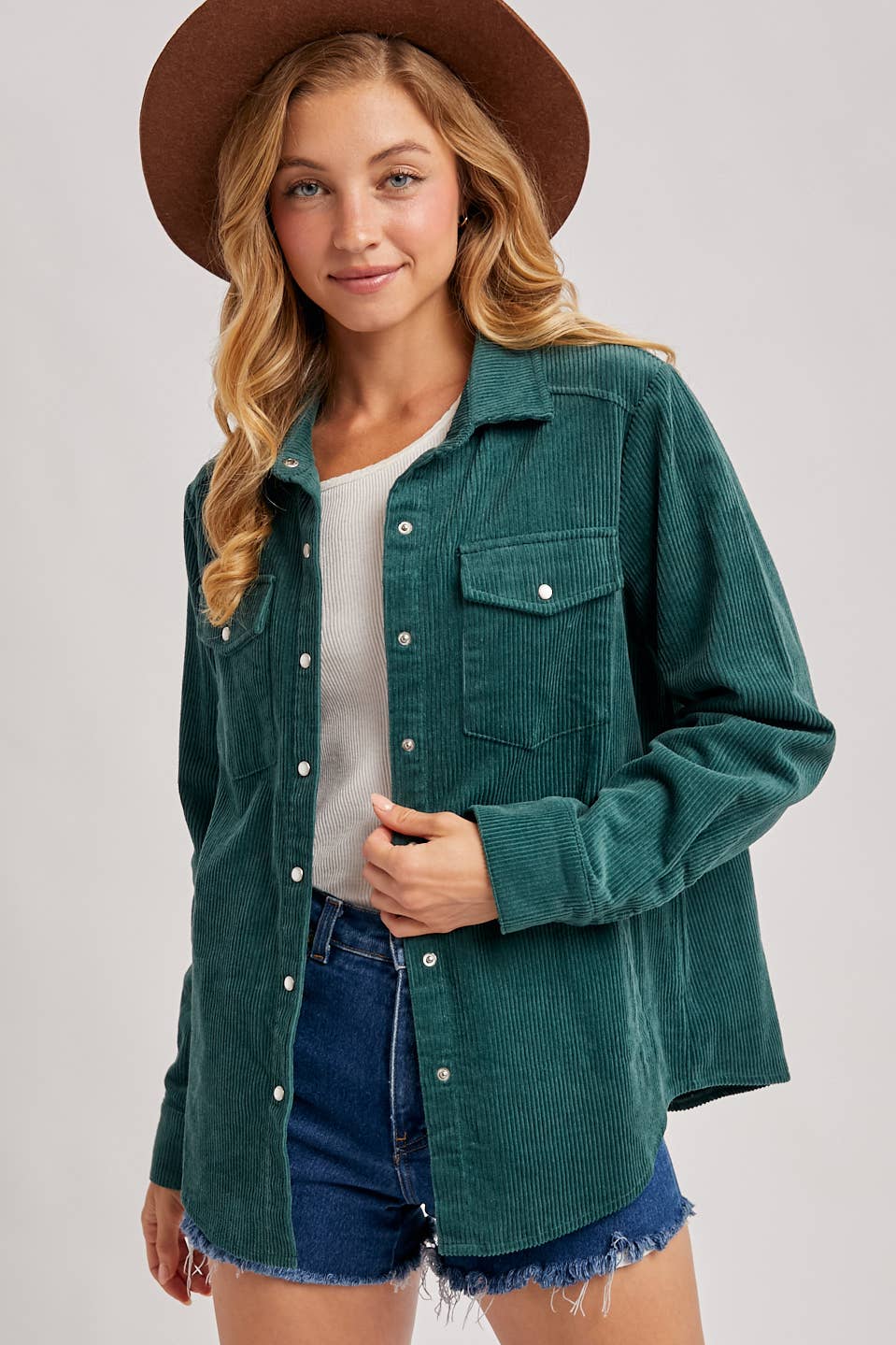 CORDUROY BUTTON DOWN SHACKET WITH POCKETS: PEACOCK
