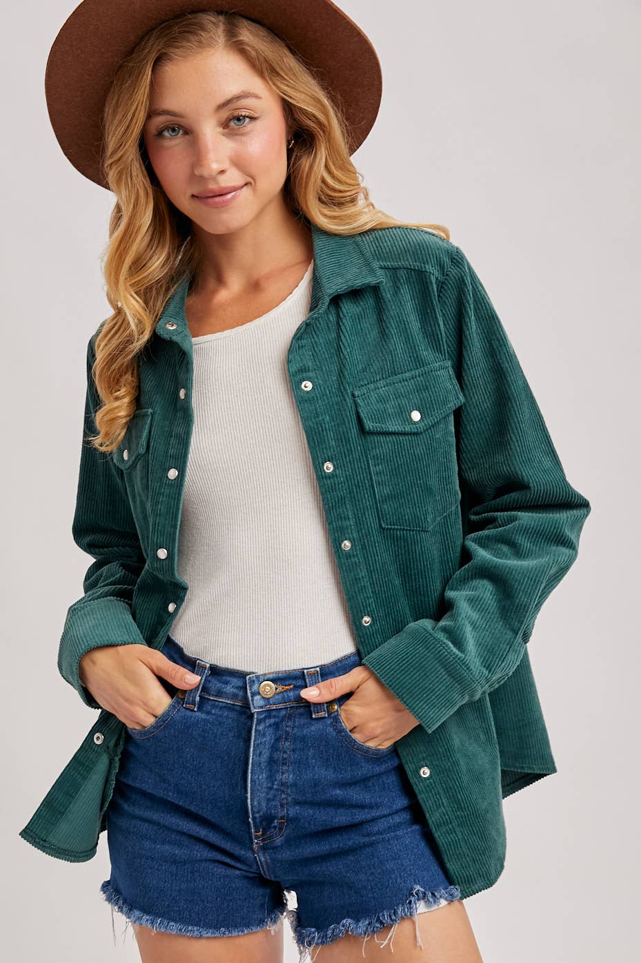 CORDUROY BUTTON DOWN SHACKET WITH POCKETS: PEACOCK