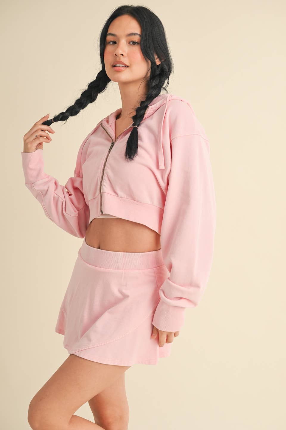 Mineral Wash Oversized Crop Hoodie: Baby Pink