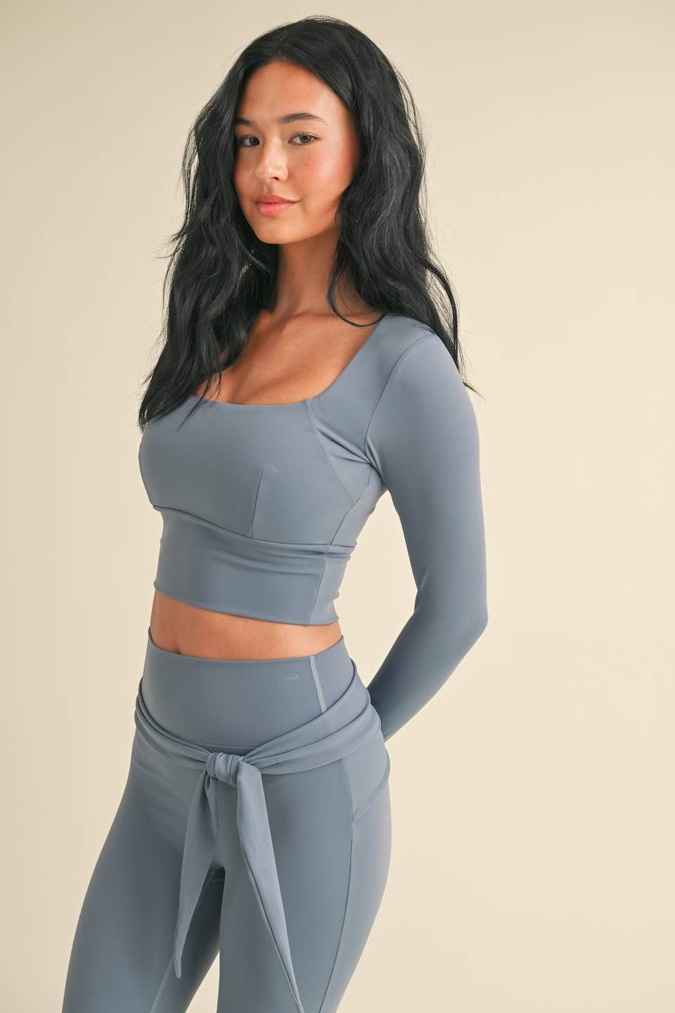 Balletcore Long Sleeve Square Neck Top and Tie Waist Legging: Dusty Blue