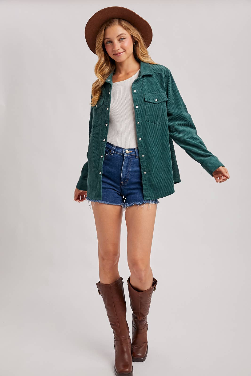 CORDUROY BUTTON DOWN SHACKET WITH POCKETS: PEACOCK