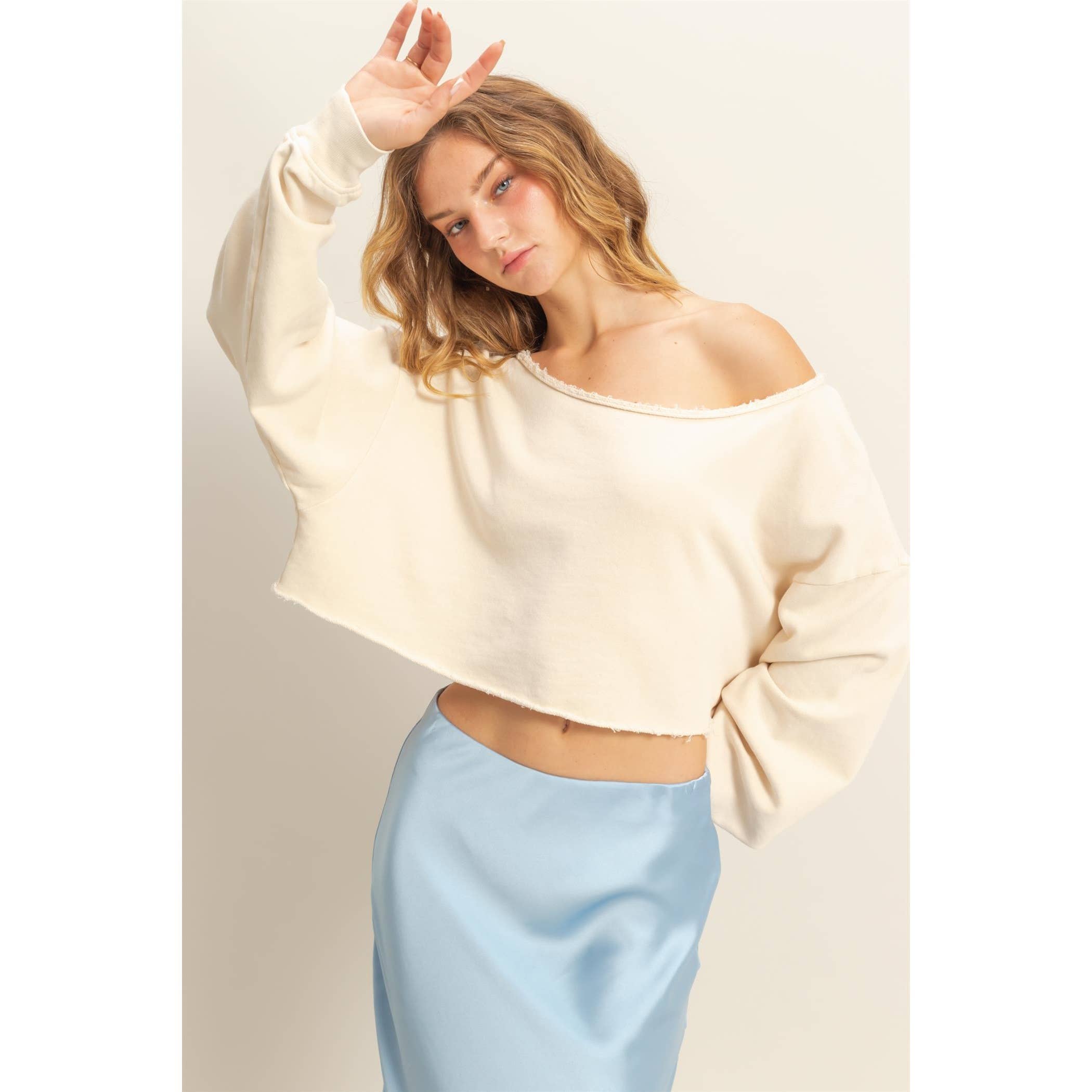 Frayed Detail Long Sleeve Crop Top: ALPACA