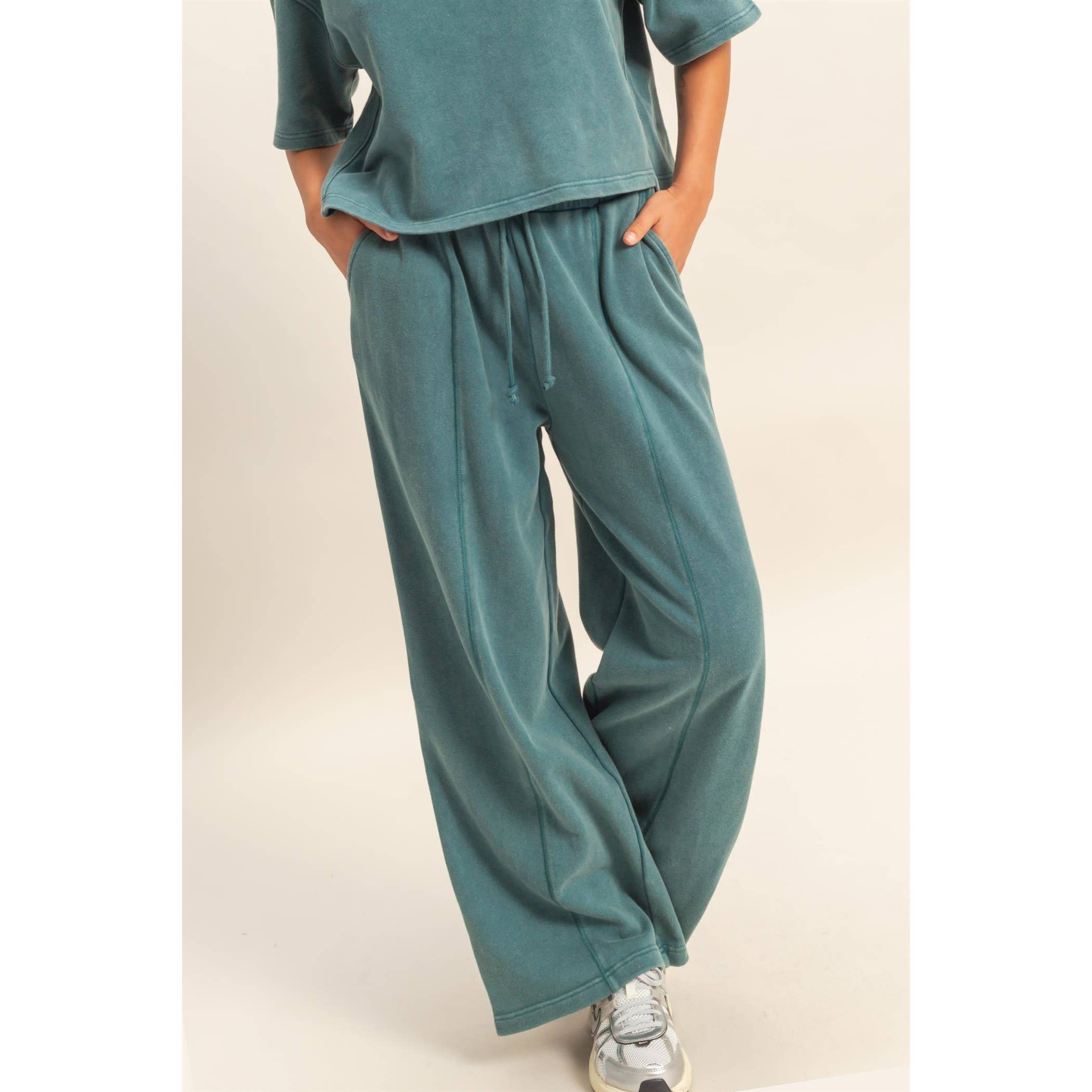 Acid Wash French Terry Wide-Leg Pants: DARK TEAL