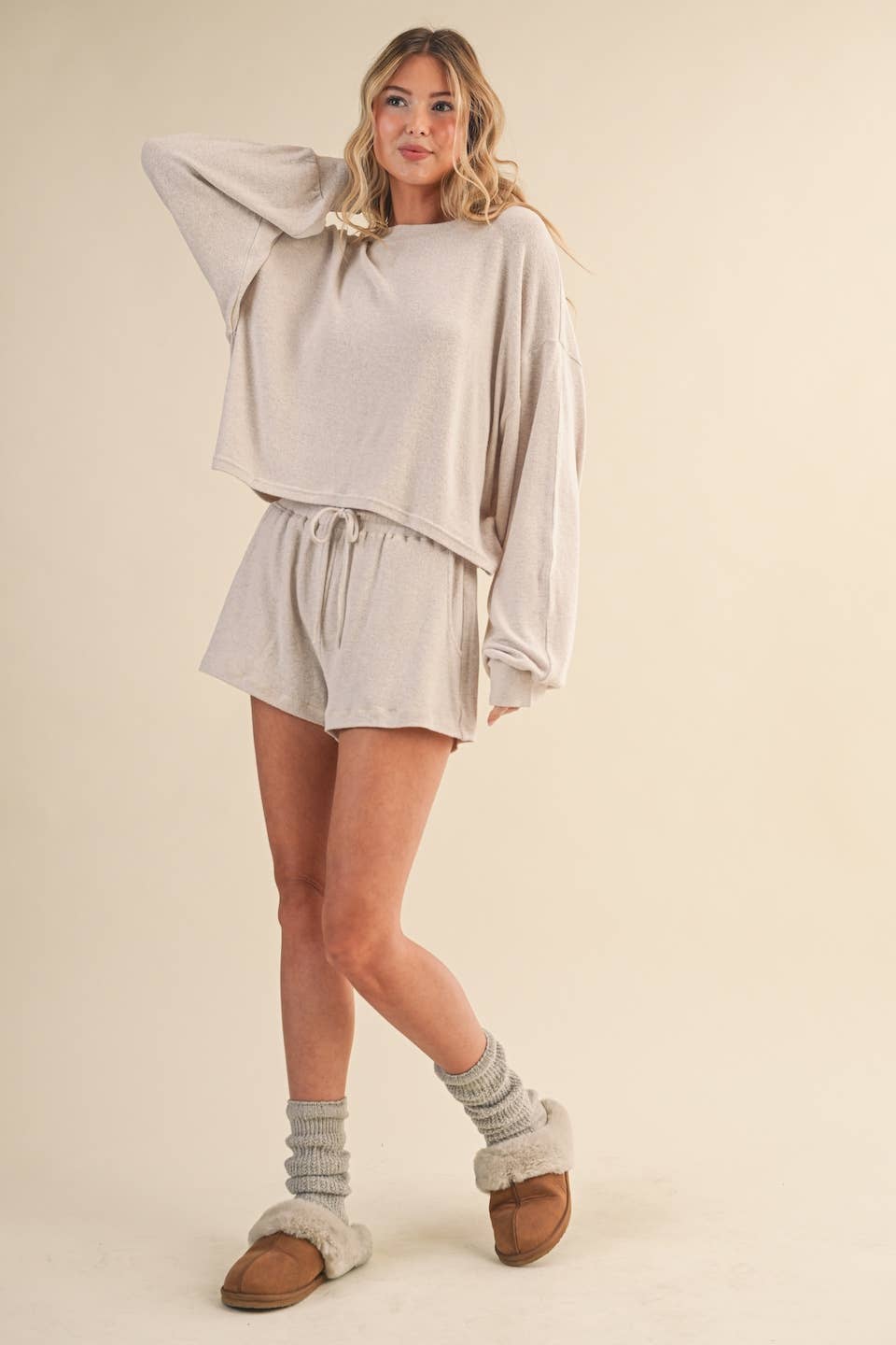 Hacci Long Sleeve Crewneck Top: Beige