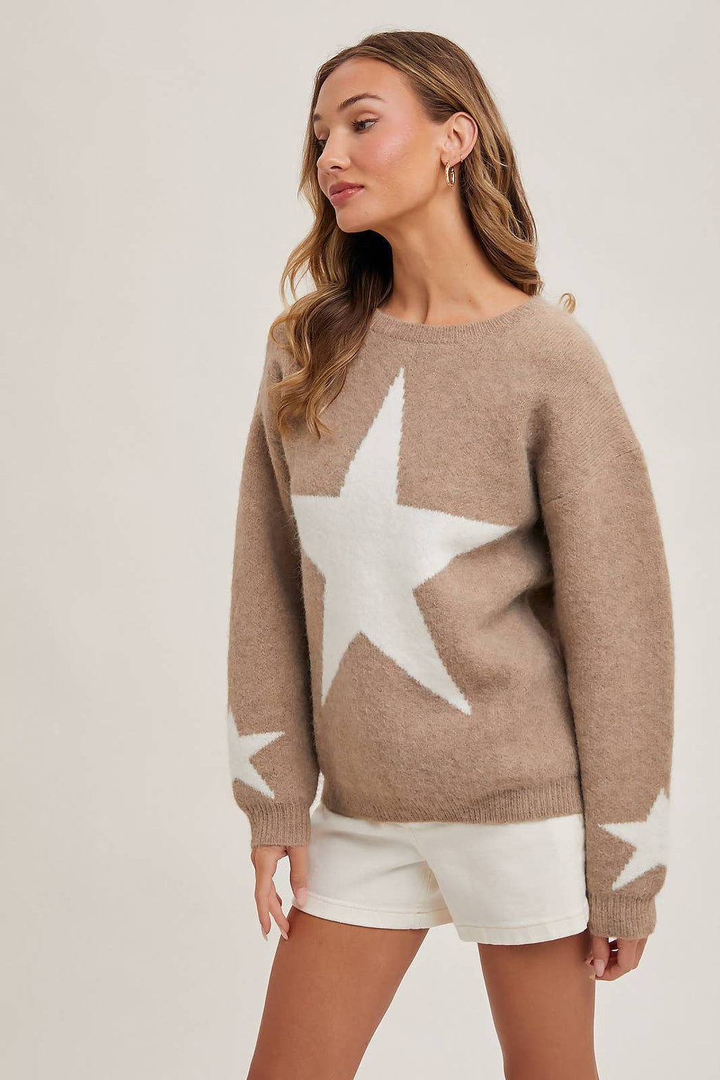 STAR PRINT KNIT SWEATER PULLOVER: LATTE