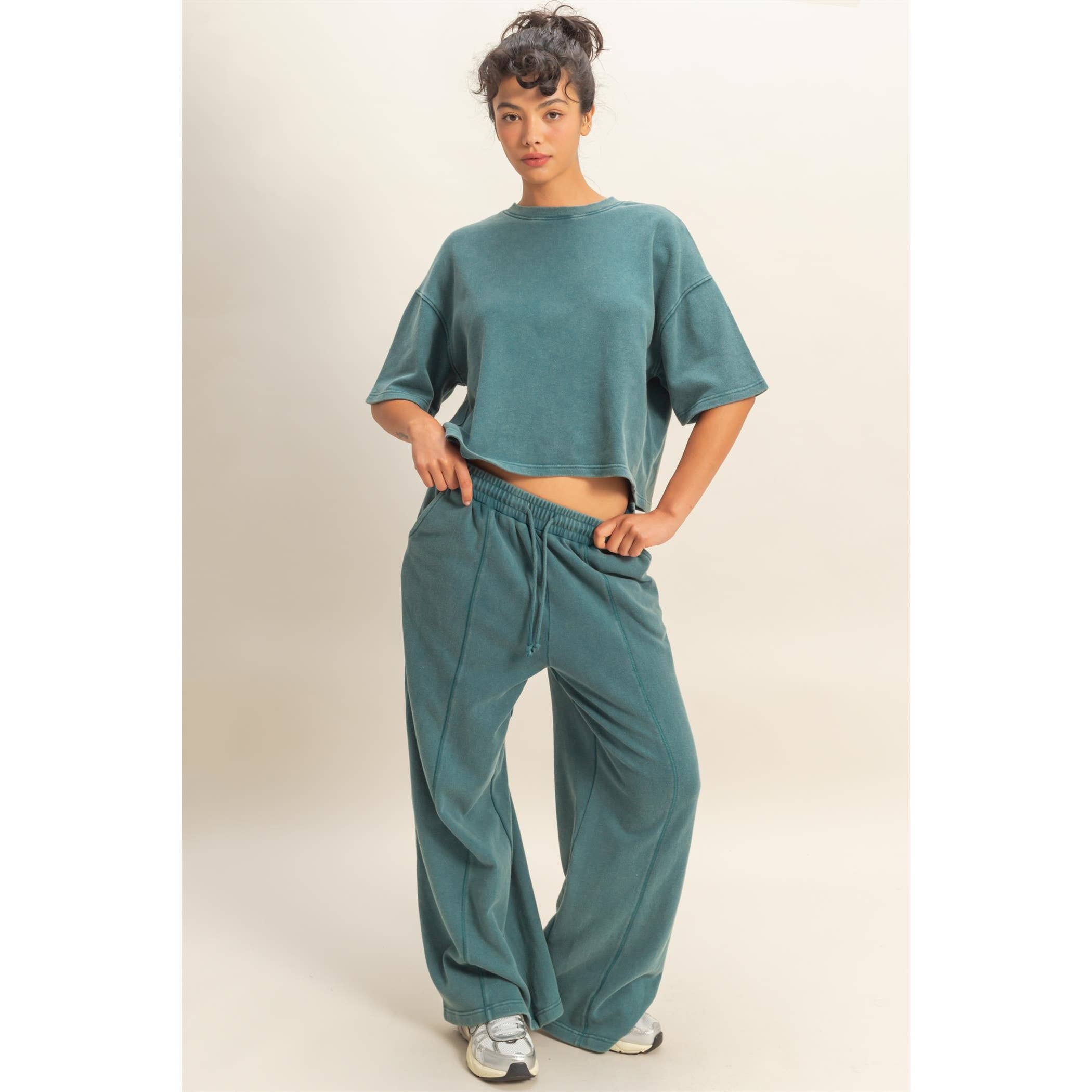 Acid Wash French Terry Wide-Leg Pants: DARK TEAL