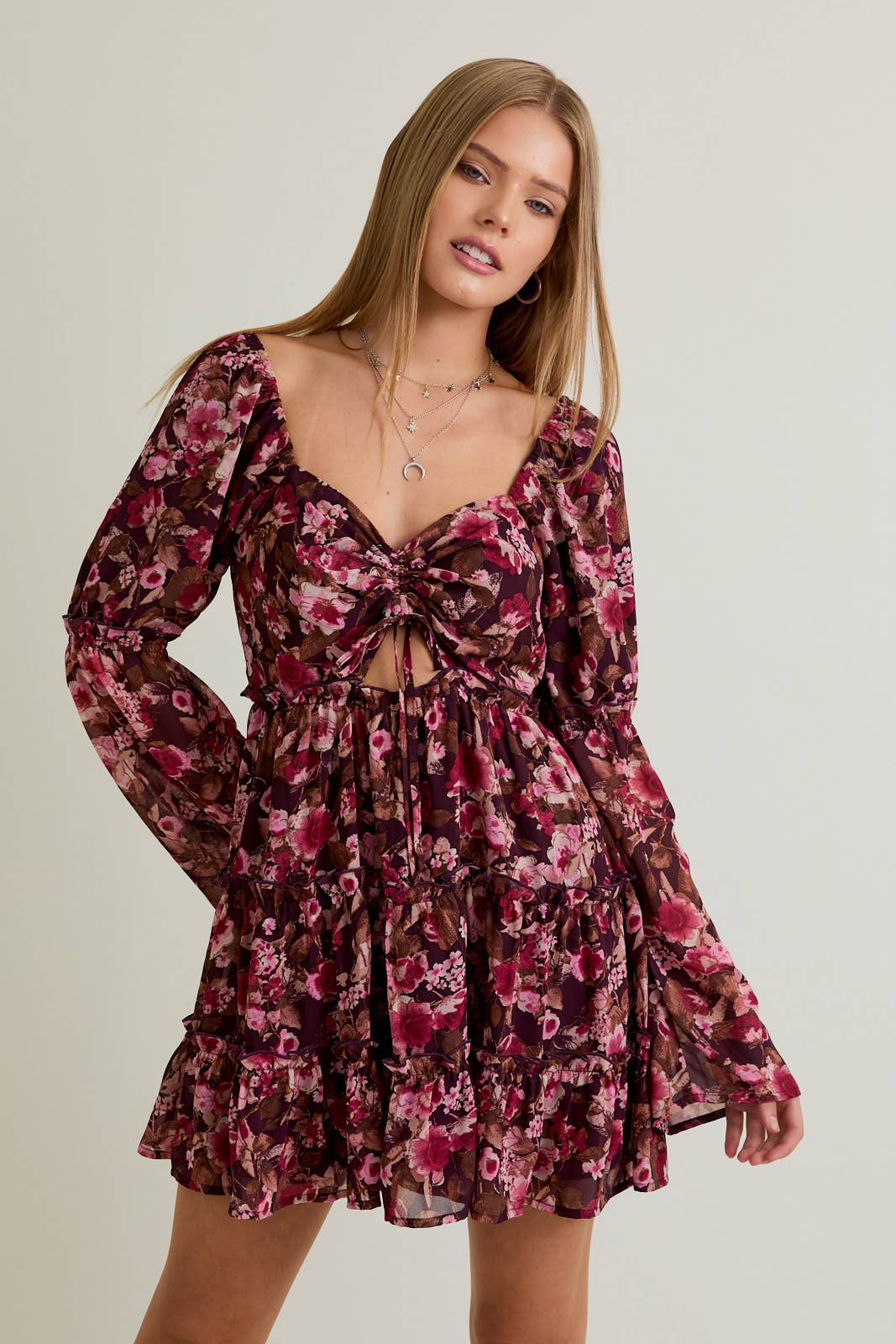 LONG SLEEVE FLORAL MINI DRESS: DK BROWN-PINK FLORAL