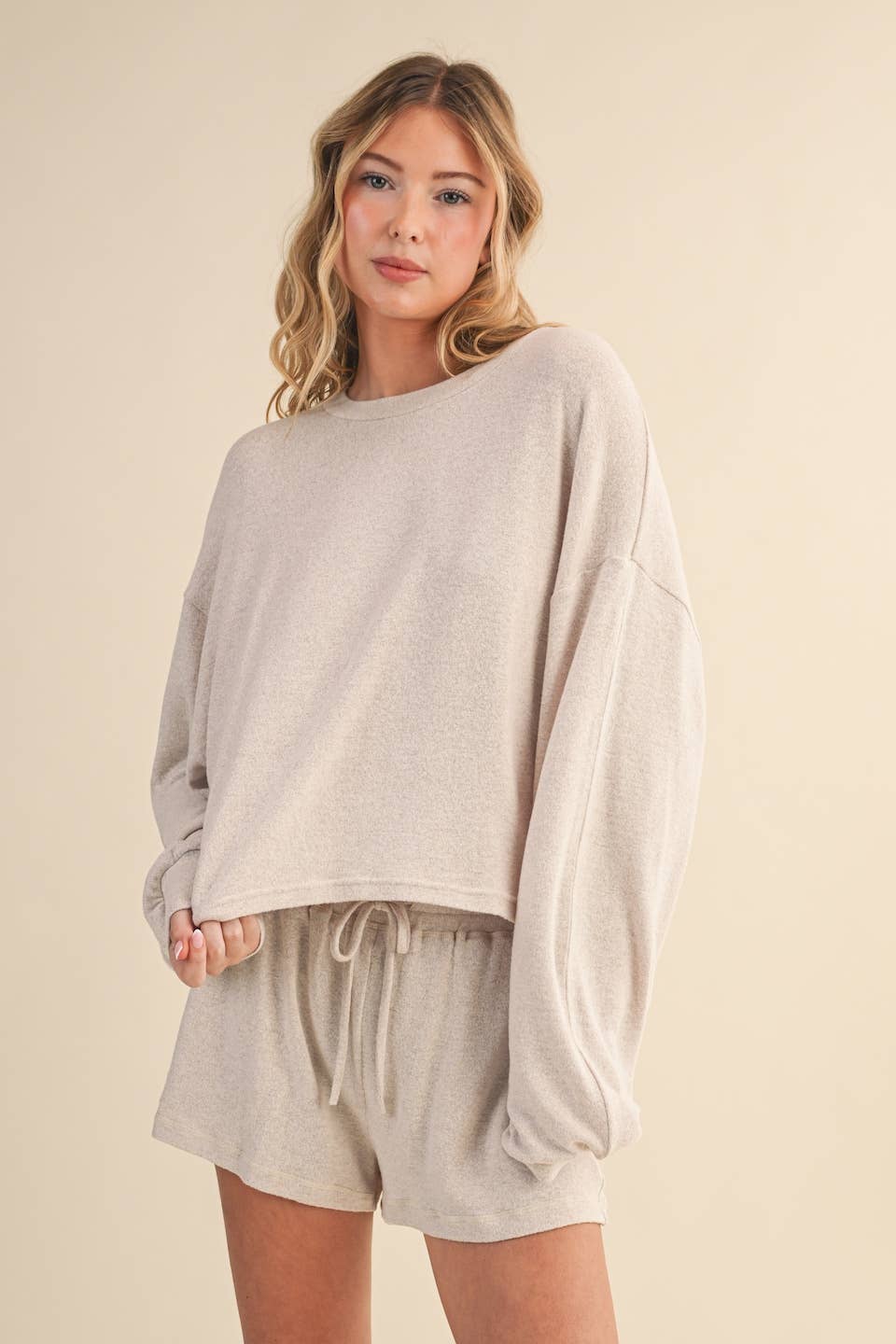 Hacci Long Sleeve Crewneck Top: Beige