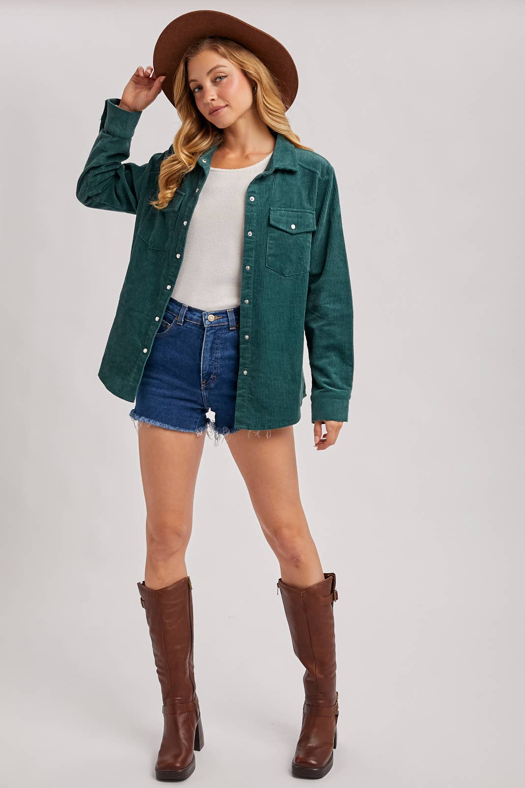 CORDUROY BUTTON DOWN SHACKET WITH POCKETS: PEACOCK